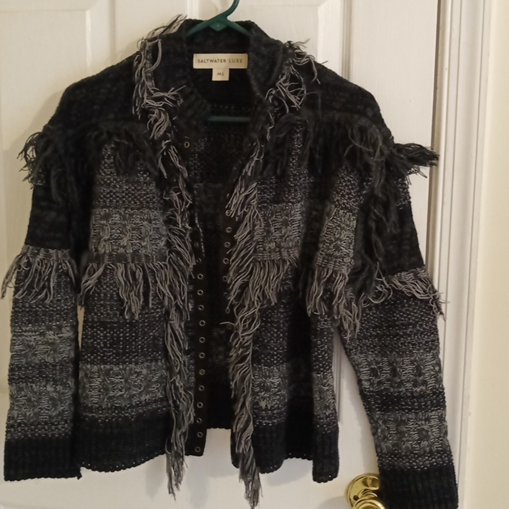 Saltwater Luxe Fringed Black & Gray Cardigan with Grommet Grosgrain Trim